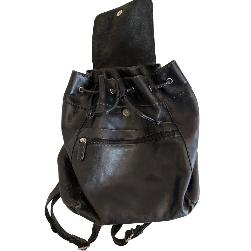 Picard Black‎ Leather Backpack Drawstring Flap Bag German Design 1080039